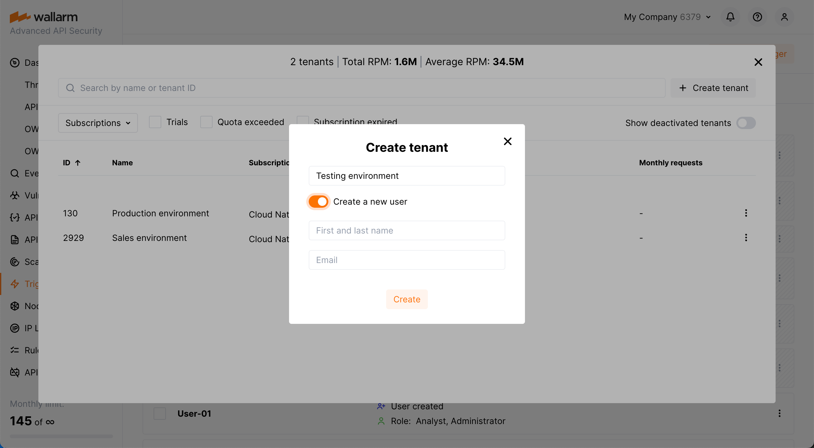 !Creating tenant via Wallarm Console